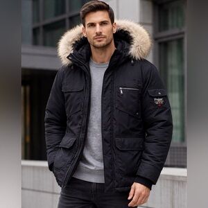 Black Hooded Jacket with Fur Trim